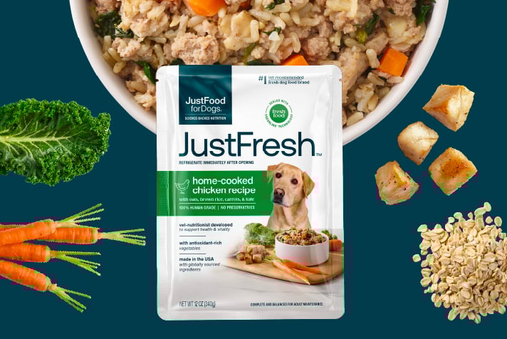 justfresh shelf-stable dog food in convenient resealable pouches